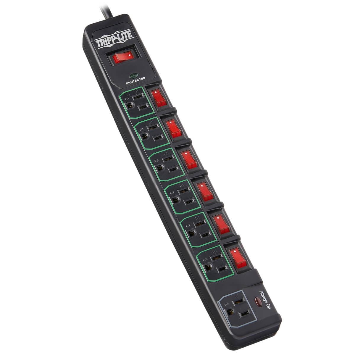Tripp Lite Eco-Surge 7-Outlet Surge Protector, 6 Ft. Cord, 1080 Joules, 6 Individually Controlled Outlets, Black Housing