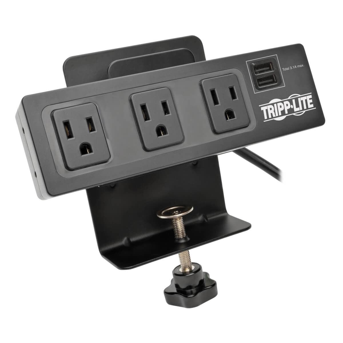Tripp Lite Protect It! 3-Outlet Surge Protector With Desk Clamp, 10 Ft. Cord, 510 Joules, 2 Usb Charging Ports, Black Housing
