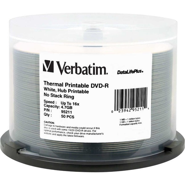 Verbatim Dvd-R 4.7Gb 16X Datalifeplus White Thermal Printable, Hub Printable - 50Pk Spindle