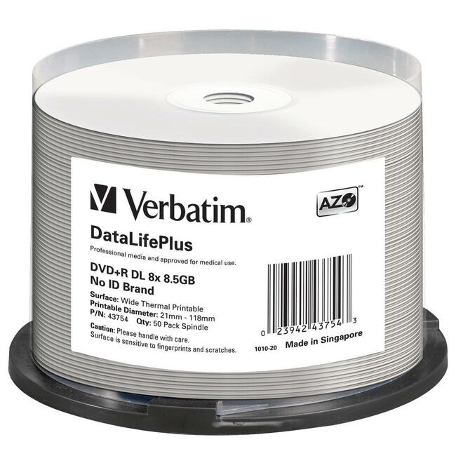Verbatim Dvd+R Dl 8.5Gb 8X Datalifeplus White Thermal Printable, Hub Printable - 50Pk Spindle