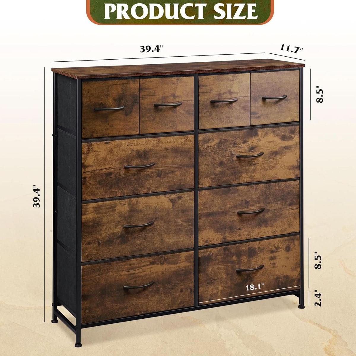 10 Drawer Fabric Dresser In Rustic Brown Wood Grain Finish