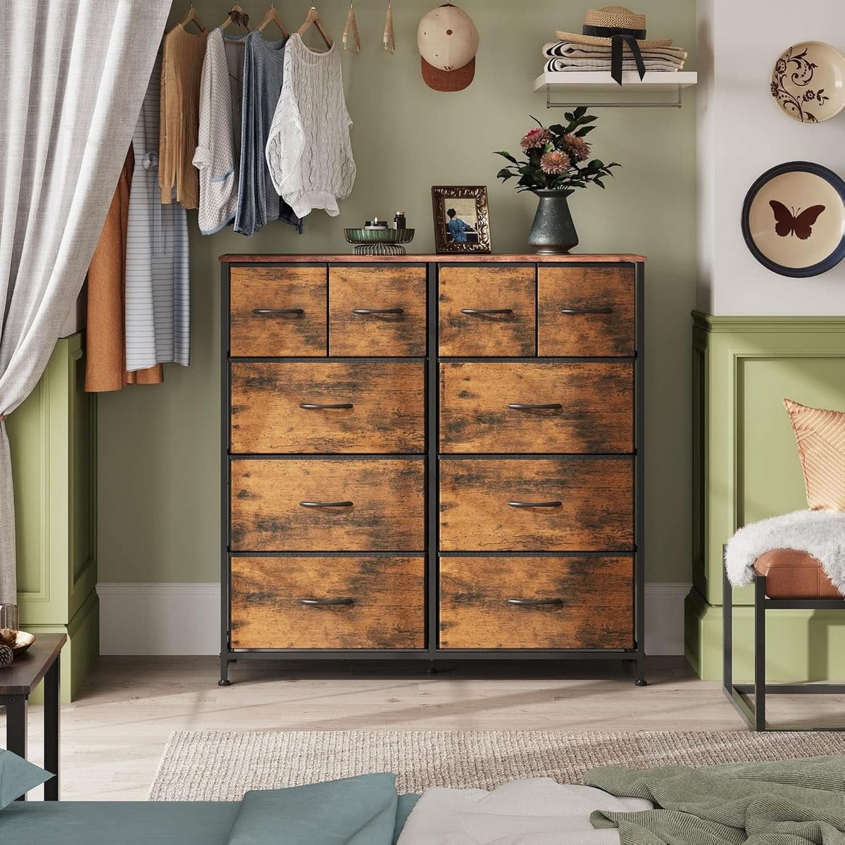 10 Drawer Fabric Dresser In Rustic Brown Wood Grain Finish
