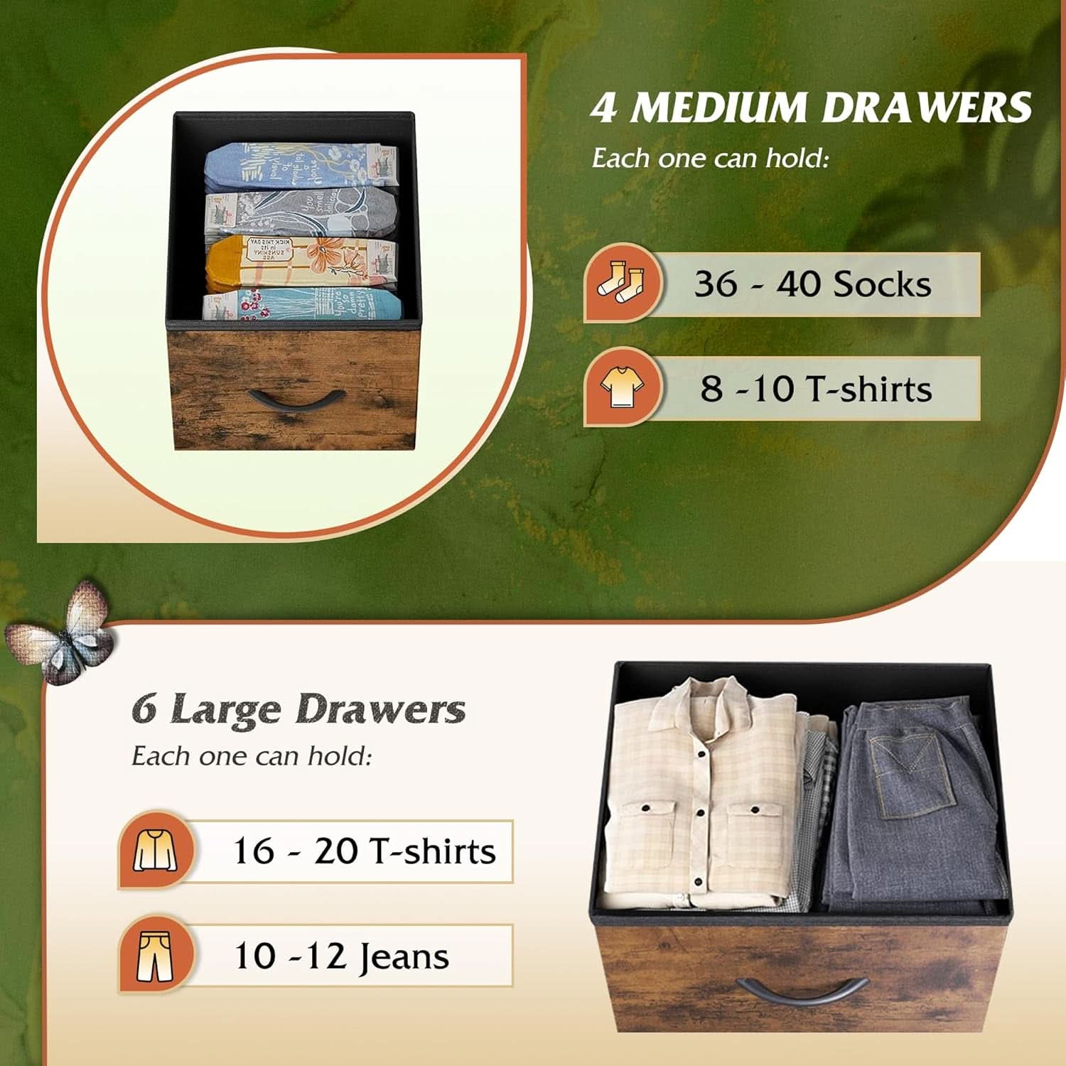 10 Drawer Fabric Dresser In Rustic Brown Wood Grain Finish
