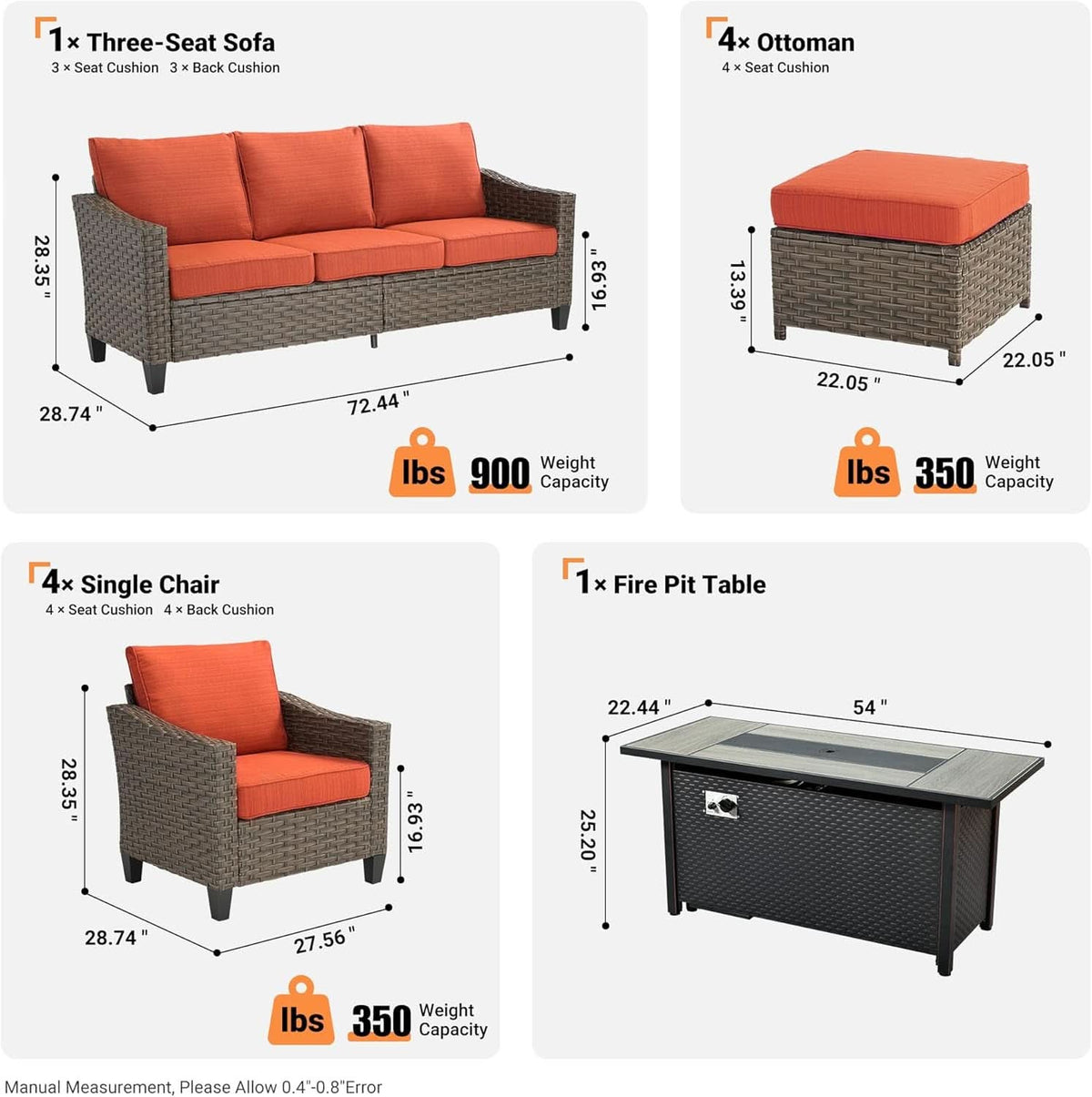 10 Piece Outdoor Patio Furniture Set with Fire Pit