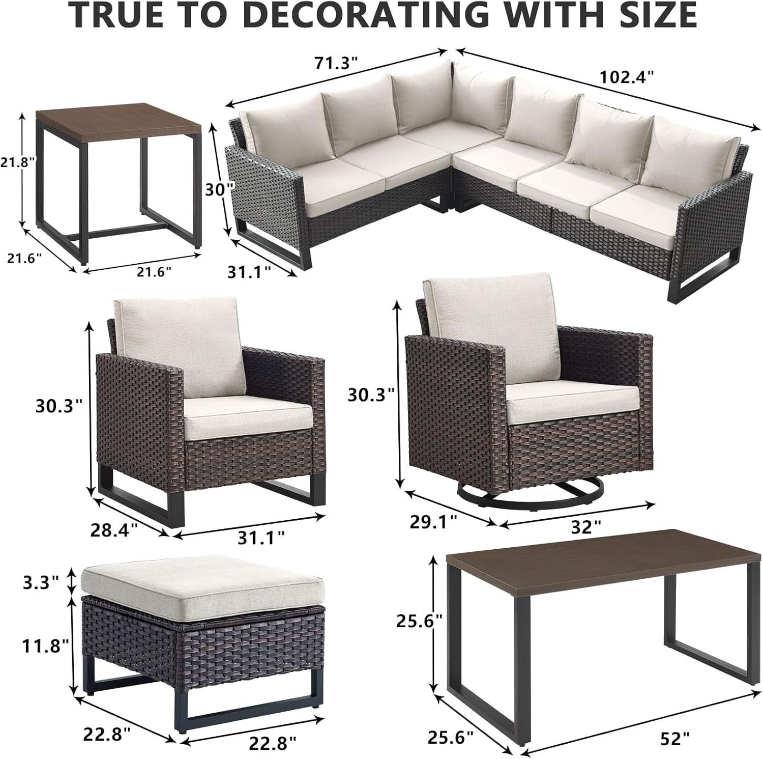 10 Piece Outdoor Sectional Sofa Set with Swivel Chairs