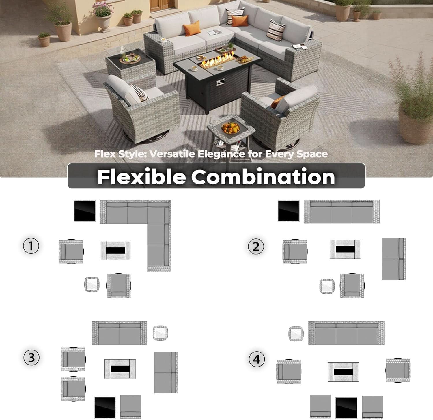 10 Piece Outdoor Wicker Sectional Sofa Set with Fire Pit