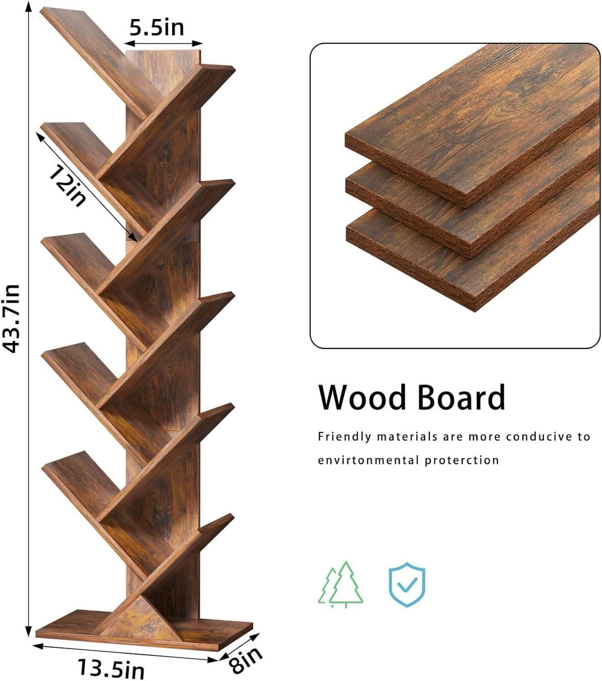 10 Tier Tree Bookshelf Brown Wood Floor Standing Bookcase For Living Room Decor Storage