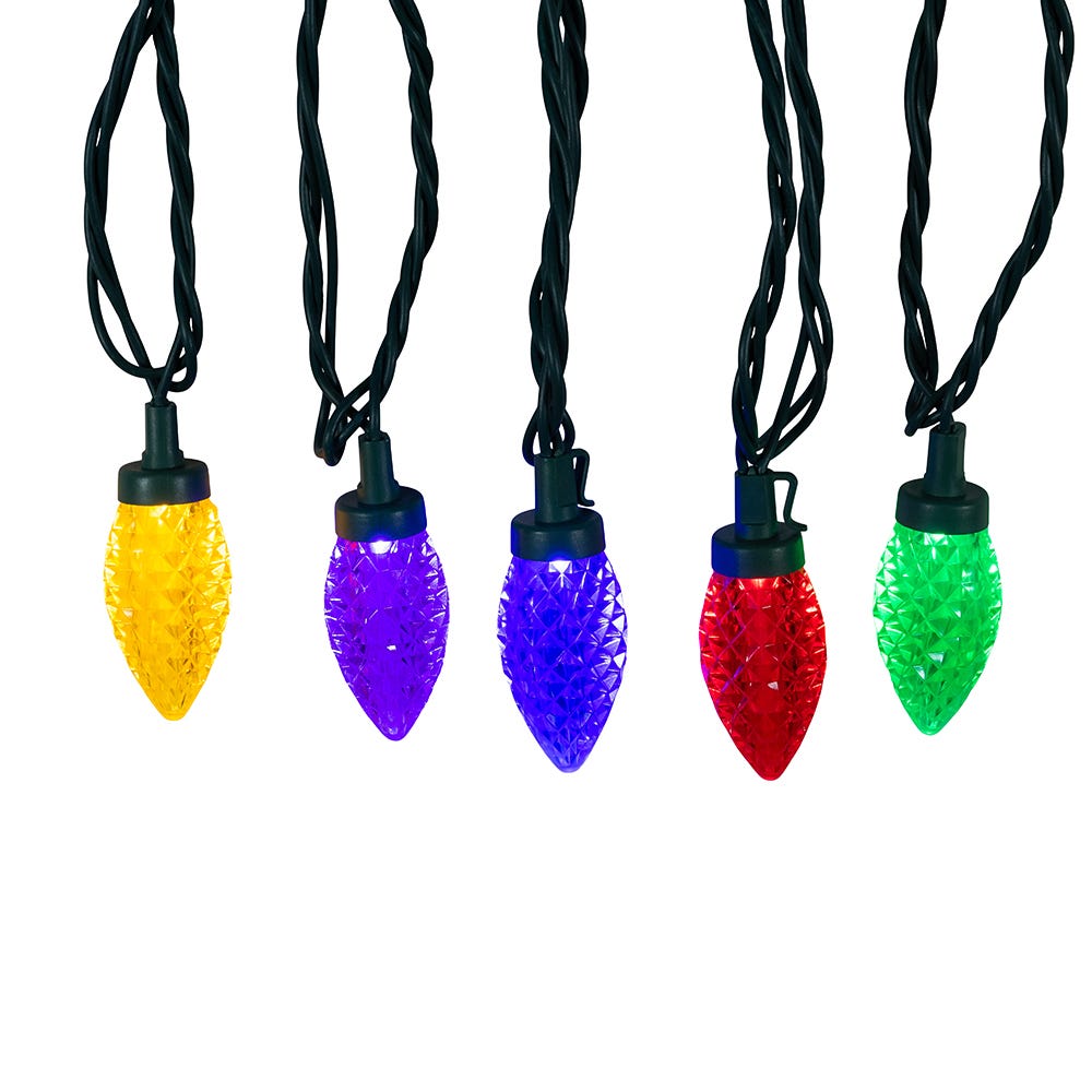 100-Light Multicolor LED Faceted C9 Green Wire String Lights