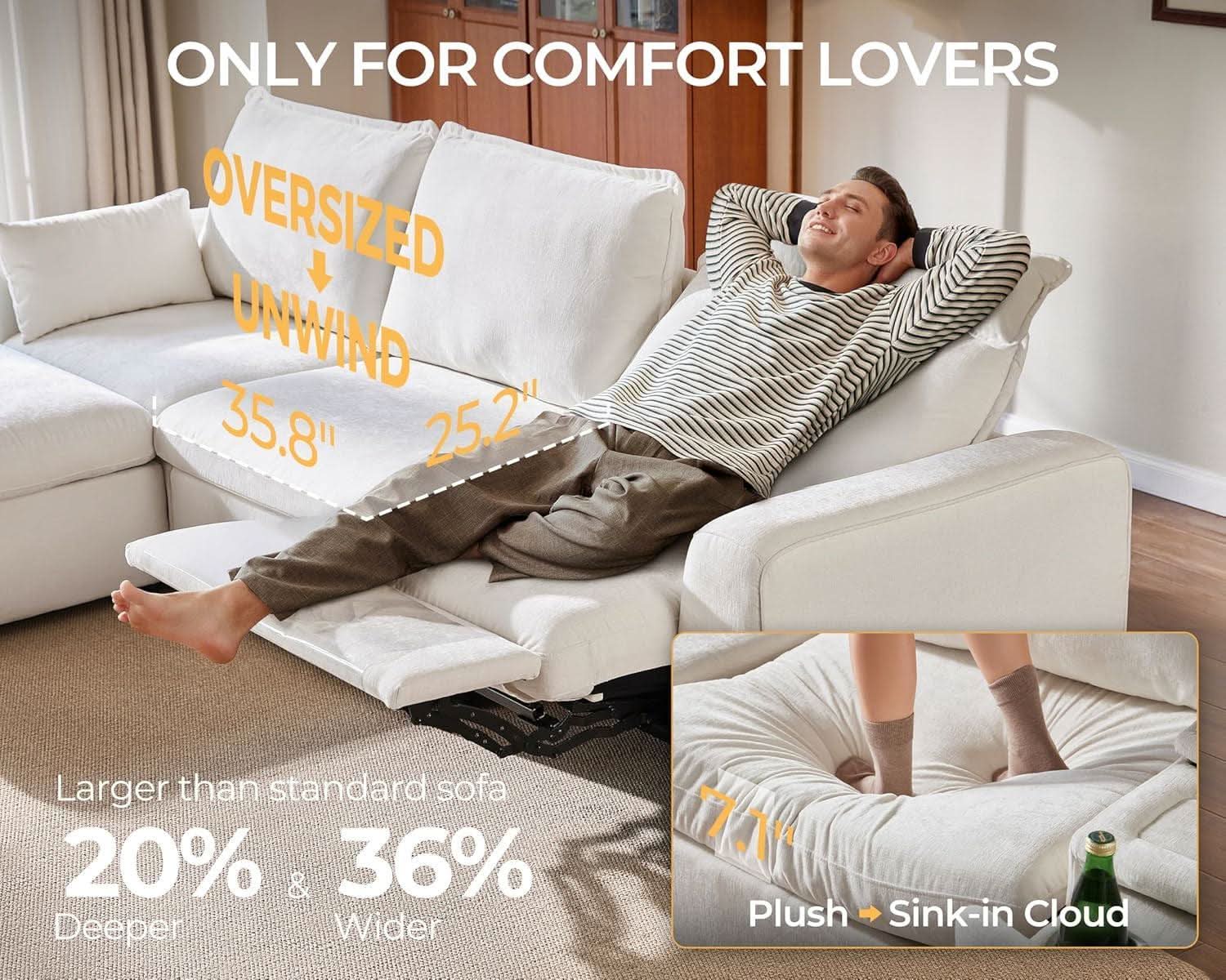 102.8 Inch White Chenille Power Recliner Sofa With Headrest Storage USB Table Wall Hugger