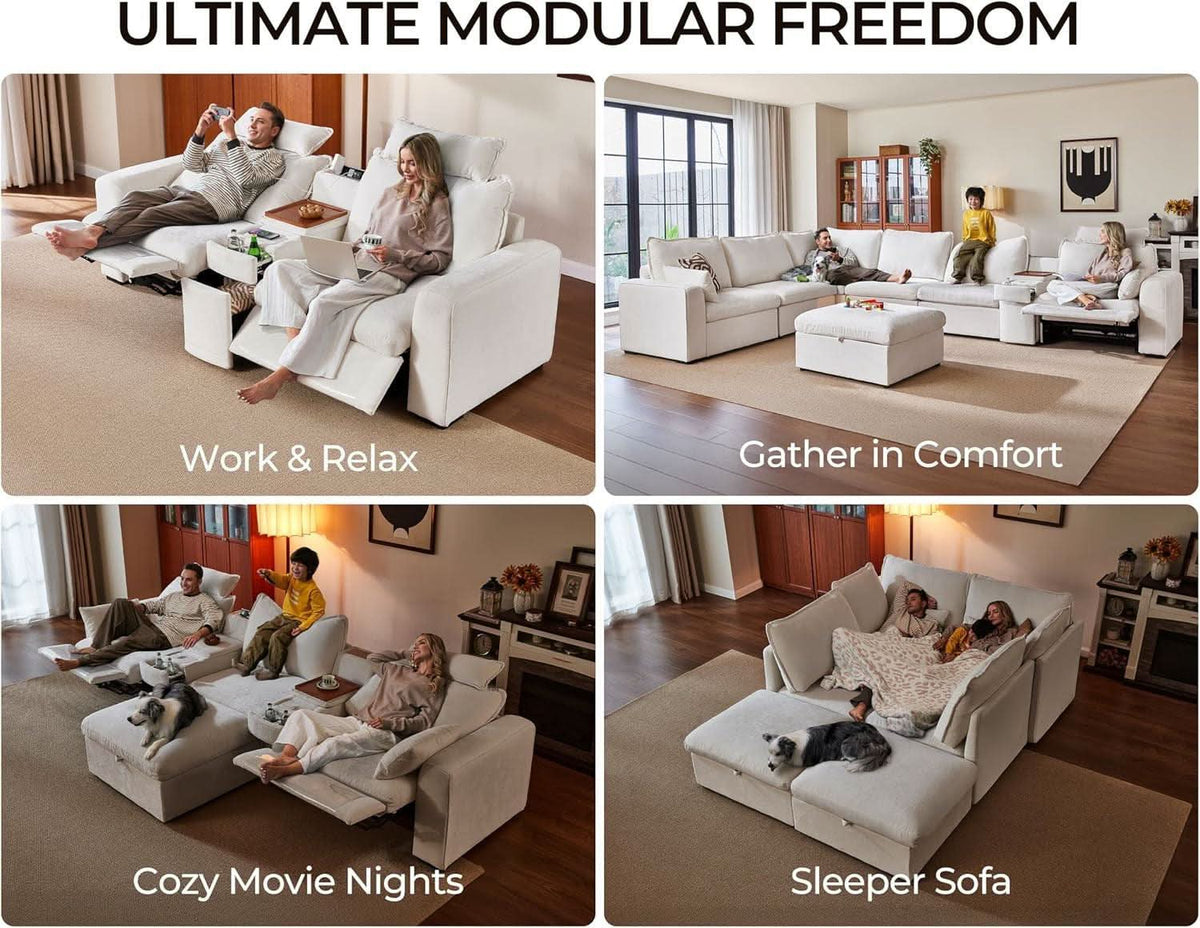 102.8 Inch White Chenille Power Recliner Sofa With Headrest Storage USB Table Wall Hugger