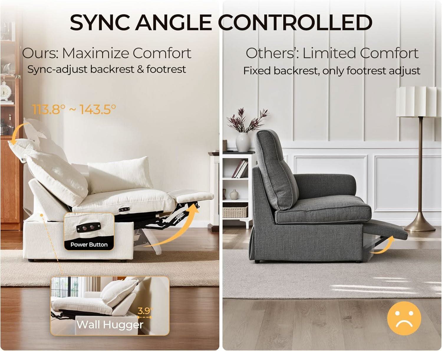 102.8 Inch White Chenille Power Recliner Sofa With Headrest Storage USB Table Wall Hugger