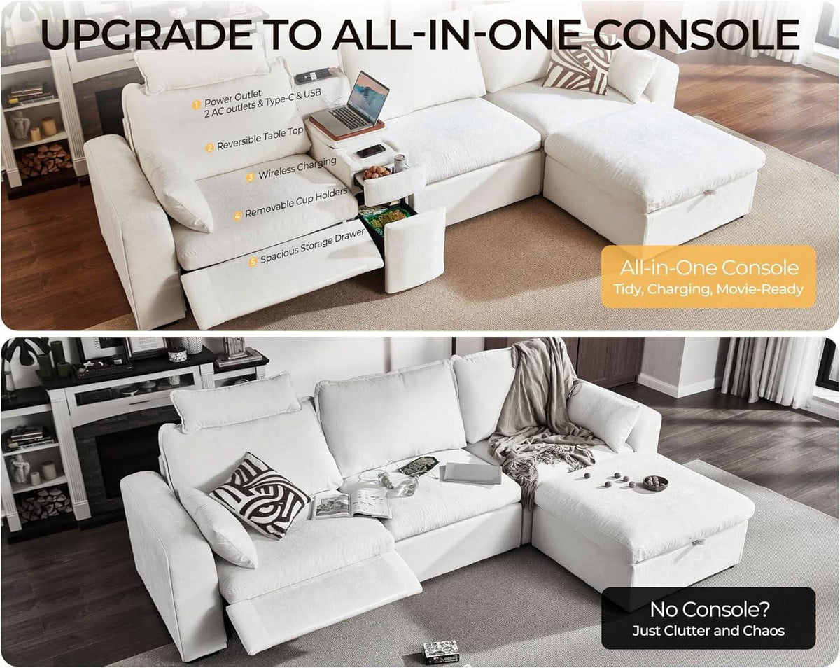102.8 Inch White Chenille Power Recliner Sofa With Headrest Storage USB Table Wall Hugger