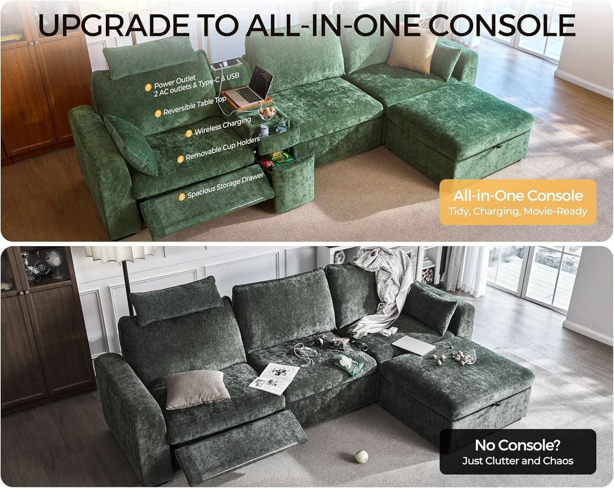 102.8 Inch White Power Recliner Sofa With Headrest And USB Charging Storage Ottoman