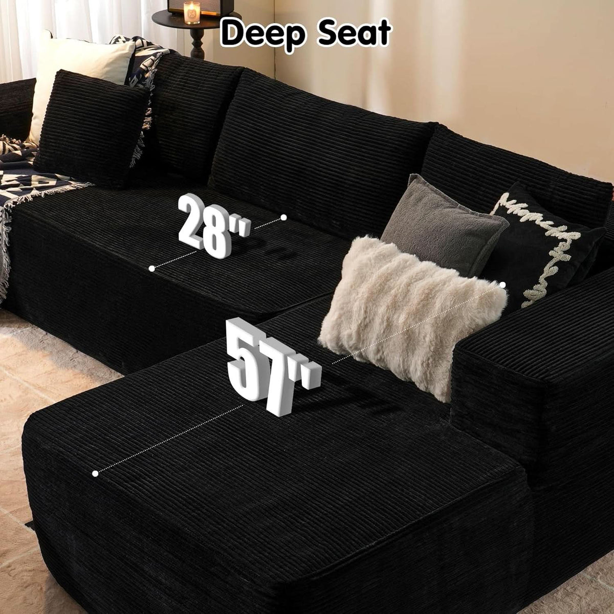 104 Inch Black Corduroy L Shaped Sectional Sofa Deep Set Upholstered Modular Couch No Assembly