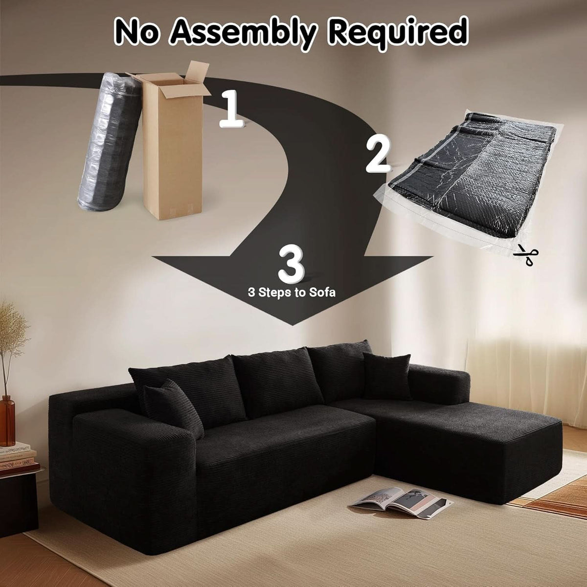 104 Inch Black Corduroy L Shaped Sectional Sofa Deep Set Upholstered Modular Couch No Assembly