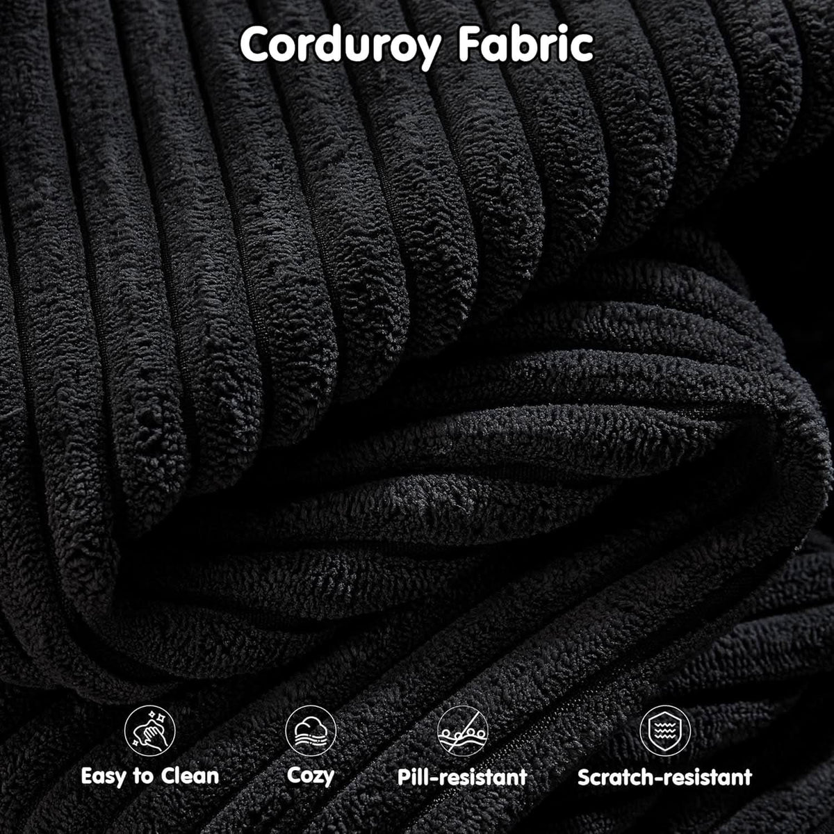 104 Inch Black Corduroy L Shaped Sectional Sofa Deep Set Upholstered Modular Couch No Assembly