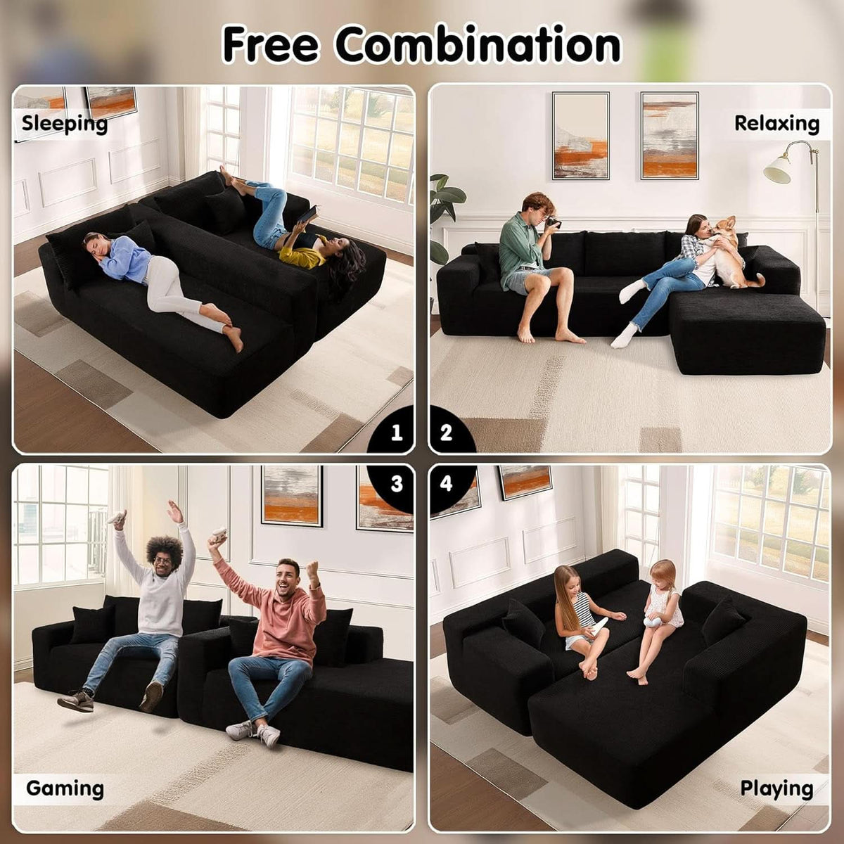 104 Inch Black Corduroy L Shaped Sectional Sofa Deep Set Upholstered Modular Couch No Assembly