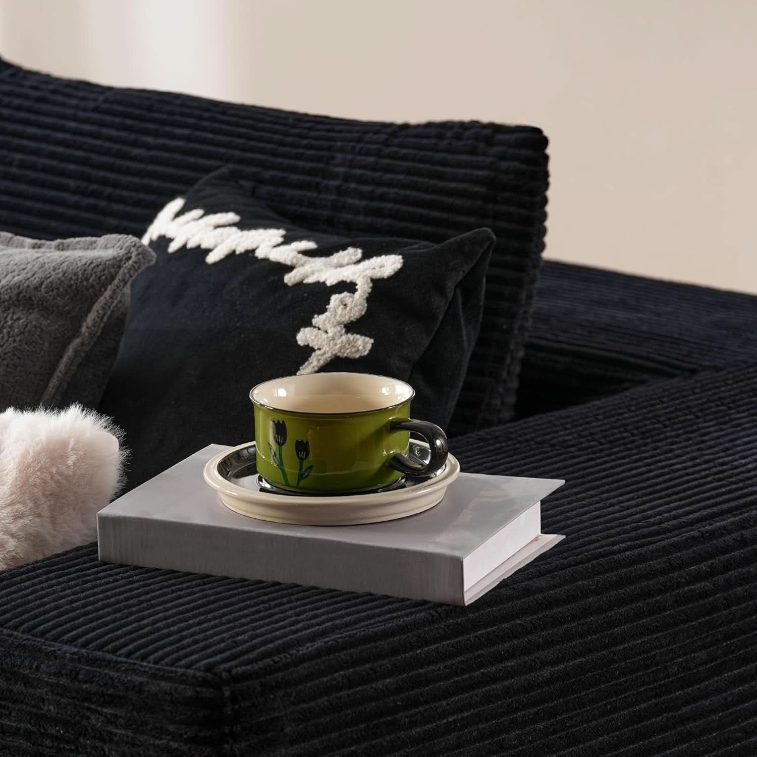 104 Inch Black Corduroy L Shaped Sectional Sofa Deep Set Upholstered Modular Couch No Assembly