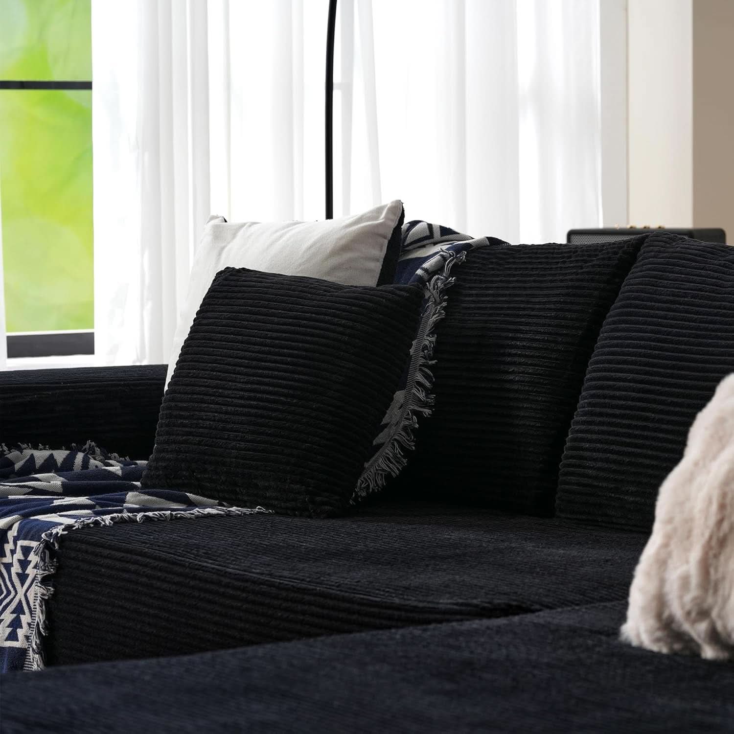 104 Inch Black Corduroy L Shaped Sectional Sofa Deep Set Upholstered Modular Couch No Assembly