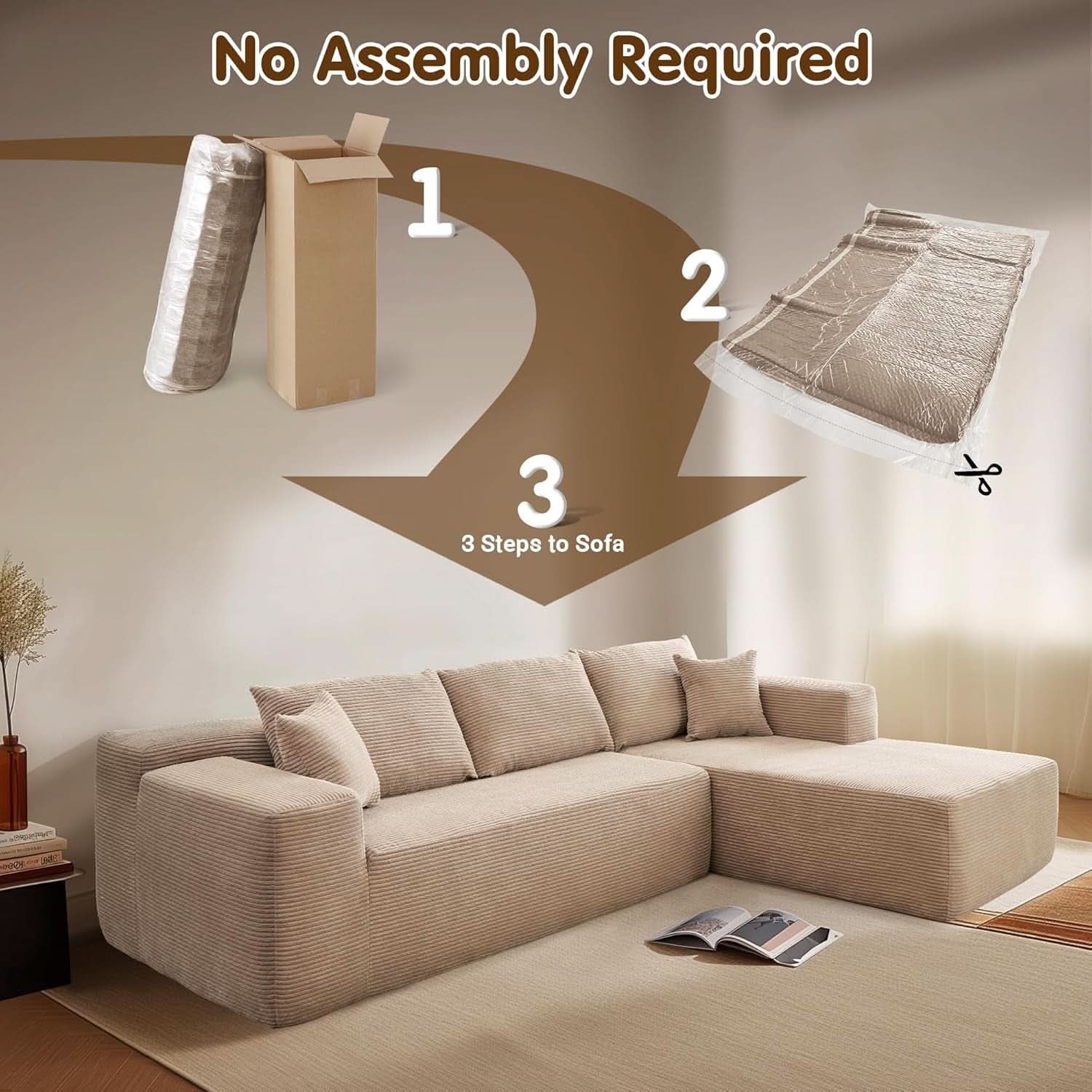 104 Inch Cloud Sectional Couch With L Shaped Chaise Modern Modular Sofa In Camel Corduroy Fabric