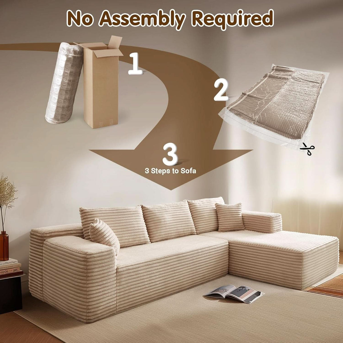 104 Inch Cloud Sectional Sofa Beige No Assembly Required Modern Upholstered Deep Seat Living Room