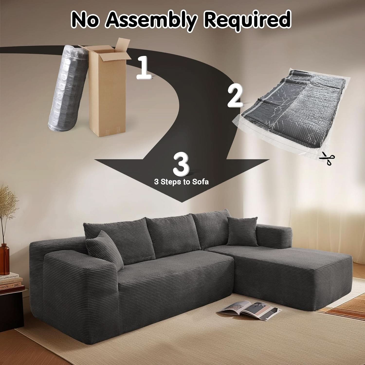 104 Inch Cloud Sectional Sofa Grey L Shaped Chaise Modern Upholstered Modular Couch For Living Room