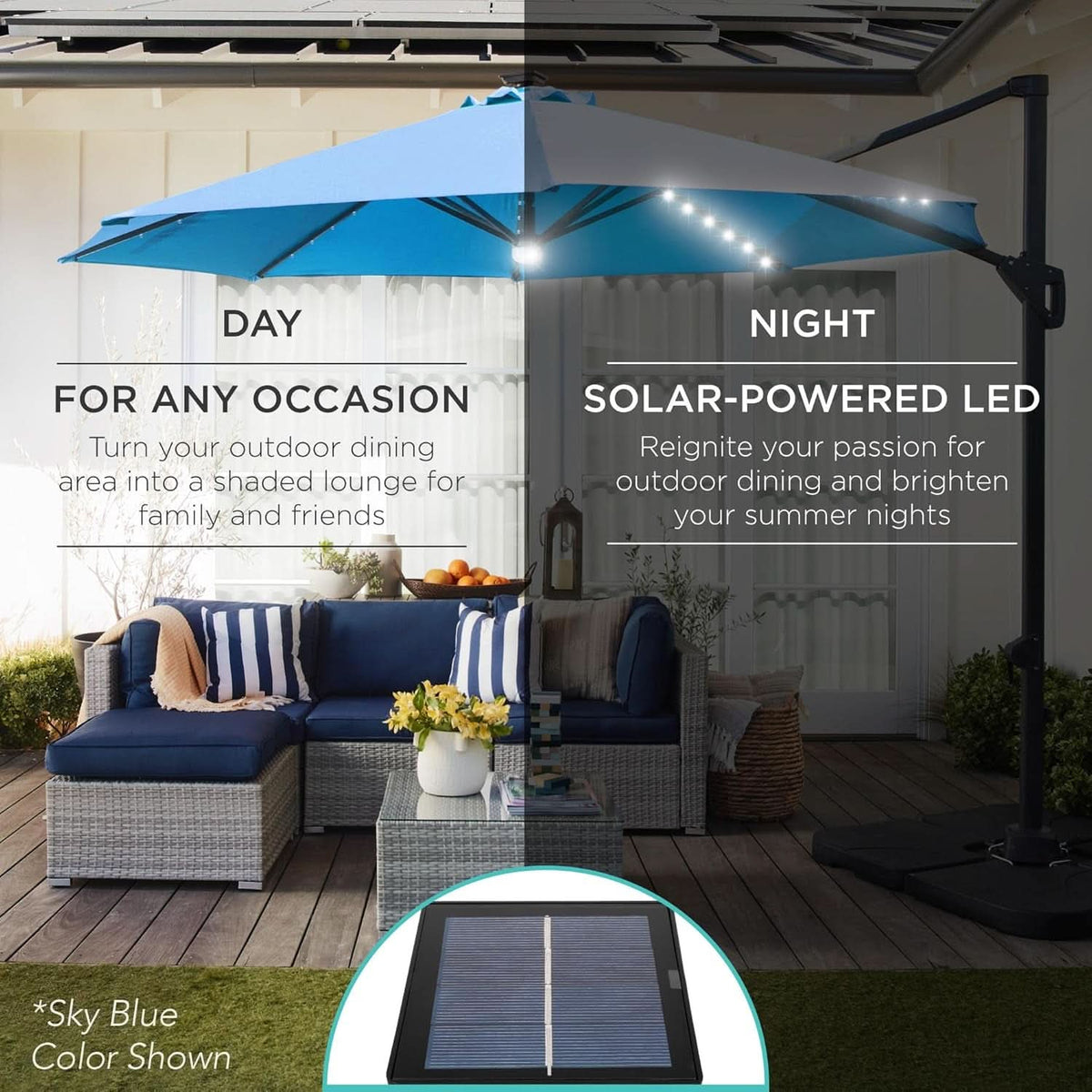10Ft Solar LED Cantilever Patio Umbrella With 360 Degree Rotation And Integrated Lights