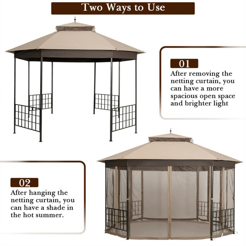 10x12 Octagonal Patio Gazebo With Mosquito Netting And Ventilated Double Tier Roof