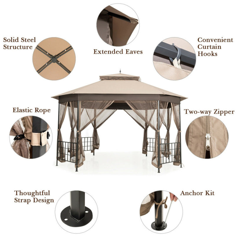 10x12 Octagonal Patio Gazebo With Mosquito Netting And Ventilated Double Tier Roof