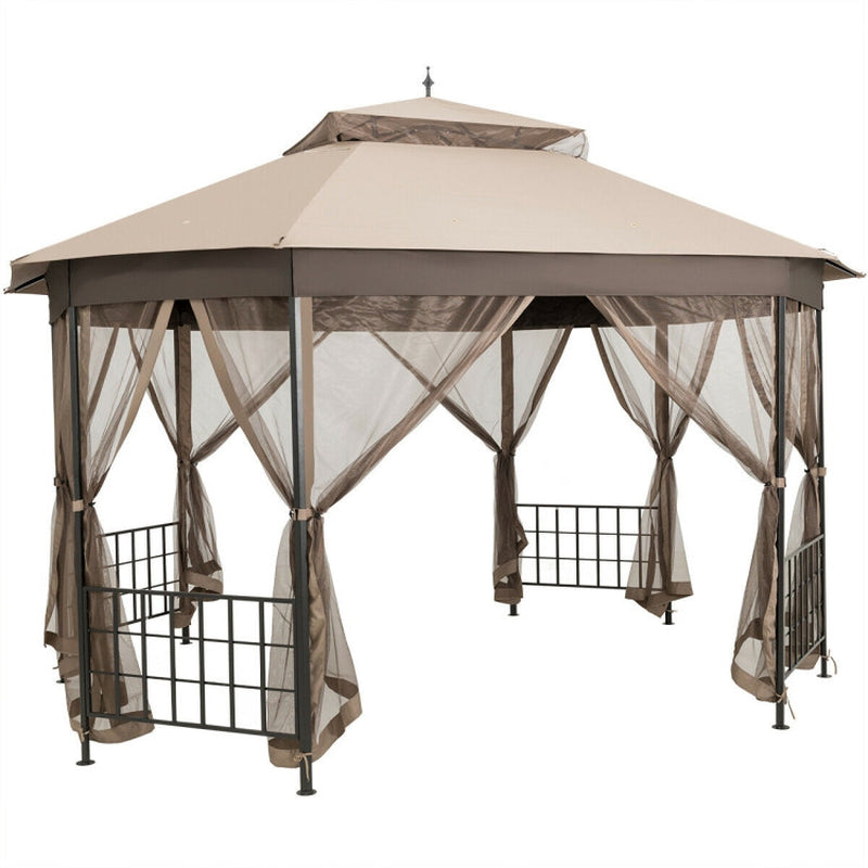 10x12 Octagonal Patio Gazebo With Mosquito Netting And Ventilated Double Tier Roof