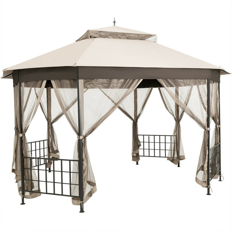 10x12 Octagonal Patio Gazebo With Mosquito Netting And Ventilated Double Tier Roof