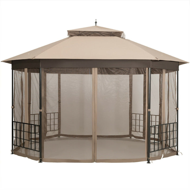 10x12 Octagonal Patio Gazebo With Mosquito Netting And Ventilated Double Tier Roof