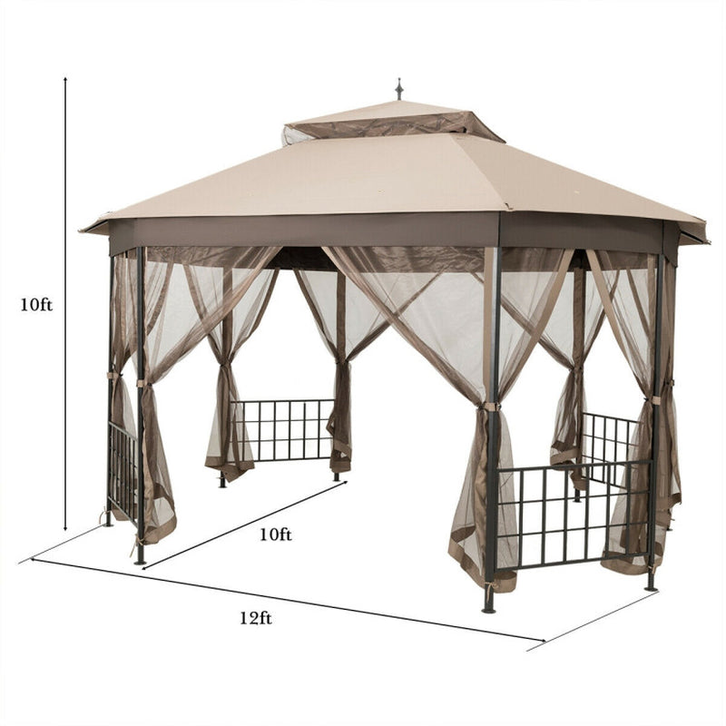 10x12 Octagonal Patio Gazebo With Mosquito Netting And Ventilated Double Tier Roof