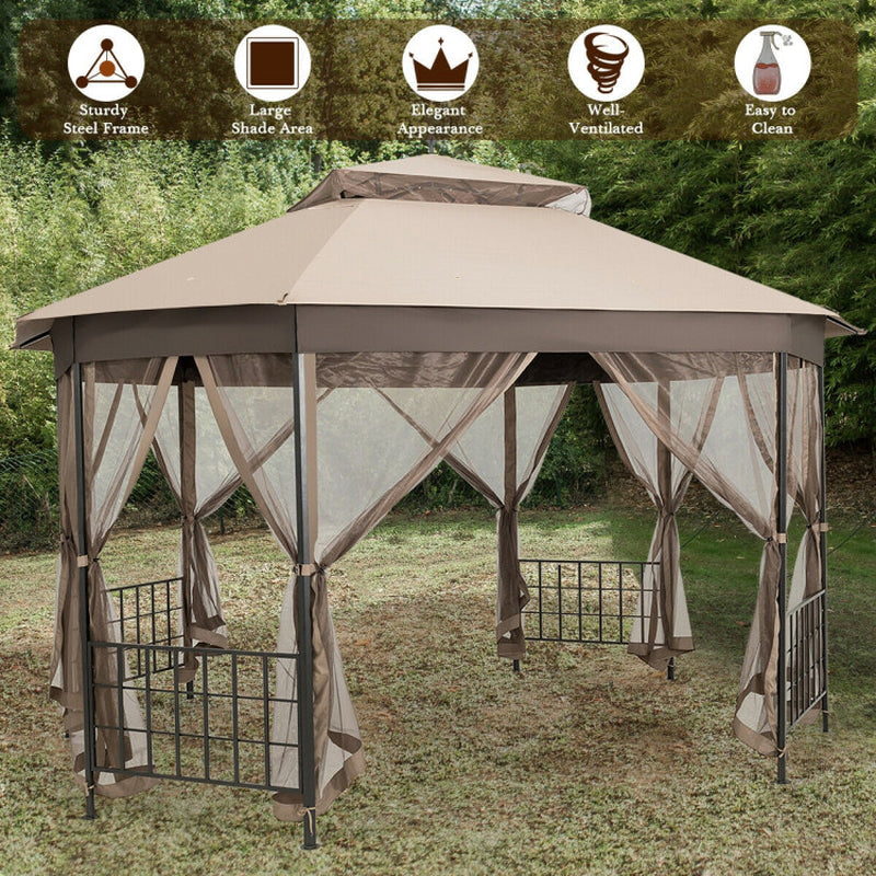 10x12 Octagonal Patio Gazebo With Mosquito Netting And Ventilated Double Tier Roof