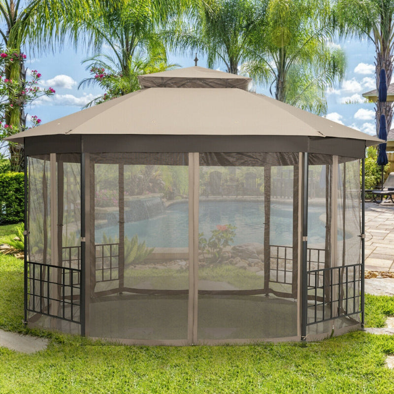 10x12 Octagonal Patio Gazebo With Mosquito Netting And Ventilated Double Tier Roof