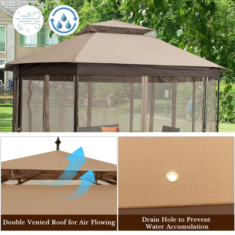 10x12 Octagonal Patio Gazebo With Mosquito Netting And Ventilated Double Tier Roof