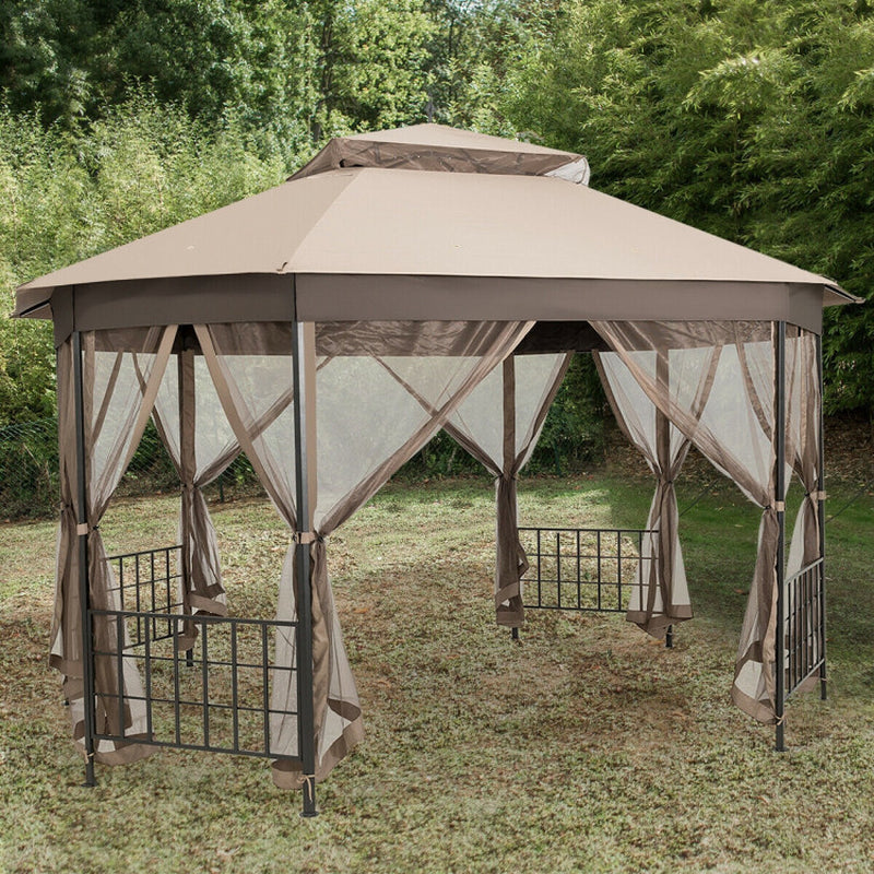 10x12 Octagonal Patio Gazebo With Mosquito Netting And Ventilated Double Tier Roof