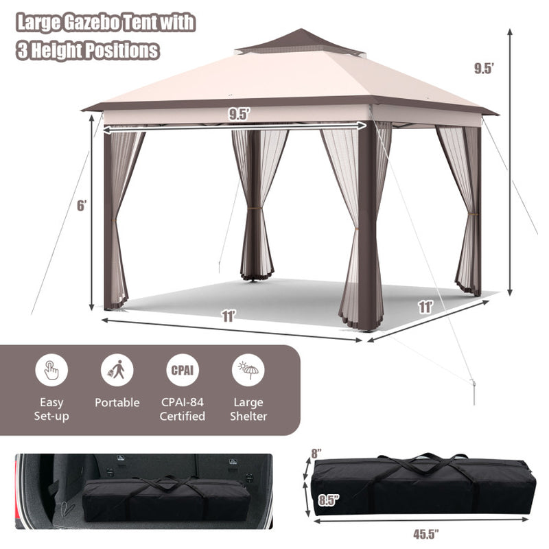 11 By 11 Feet Pop Up Gazebo Tent With 2 Tier Roof And Mesh Sides Portable Canopy Shelter