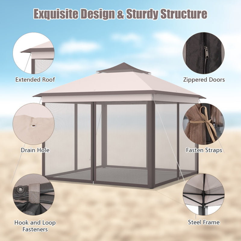 11 By 11 Feet Pop Up Gazebo Tent With 2 Tier Roof And Mesh Sides Portable Canopy Shelter