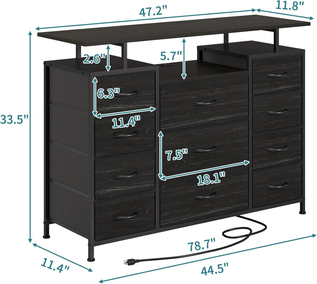 11 Drawer Dresser With Fabric Drawers, Charging Station, LED Lights And Shelves, Black Wood Veins