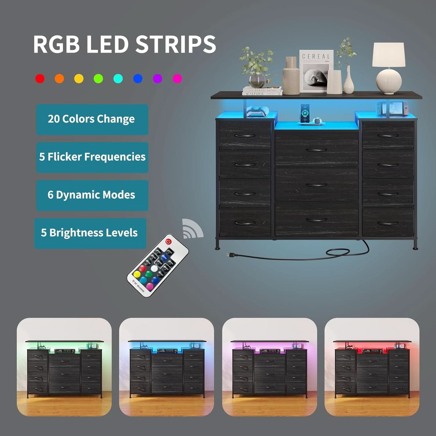11 Drawer Dresser With Fabric Drawers, Charging Station, LED Lights And Shelves, Black Wood Veins