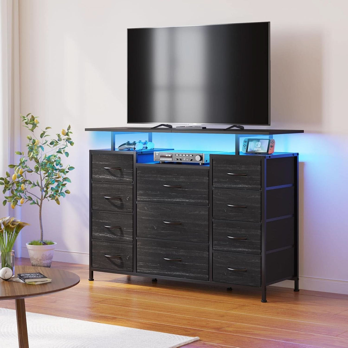 11 Drawer Dresser With Fabric Drawers, Charging Station, LED Lights And Shelves, Black Wood Veins