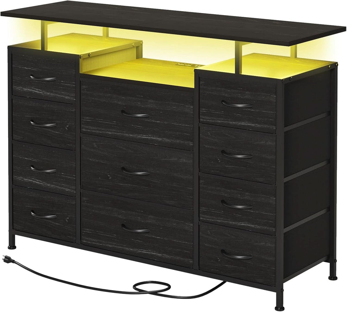 11 Drawer Dresser With Fabric Drawers, Charging Station, LED Lights And Shelves, Black Wood Veins