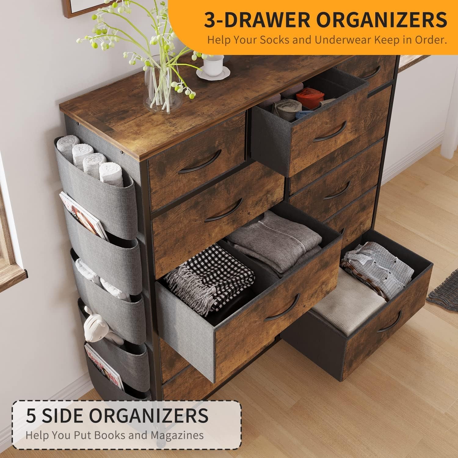 11 Drawer Dresser With Fabric Storage And Steel Frame