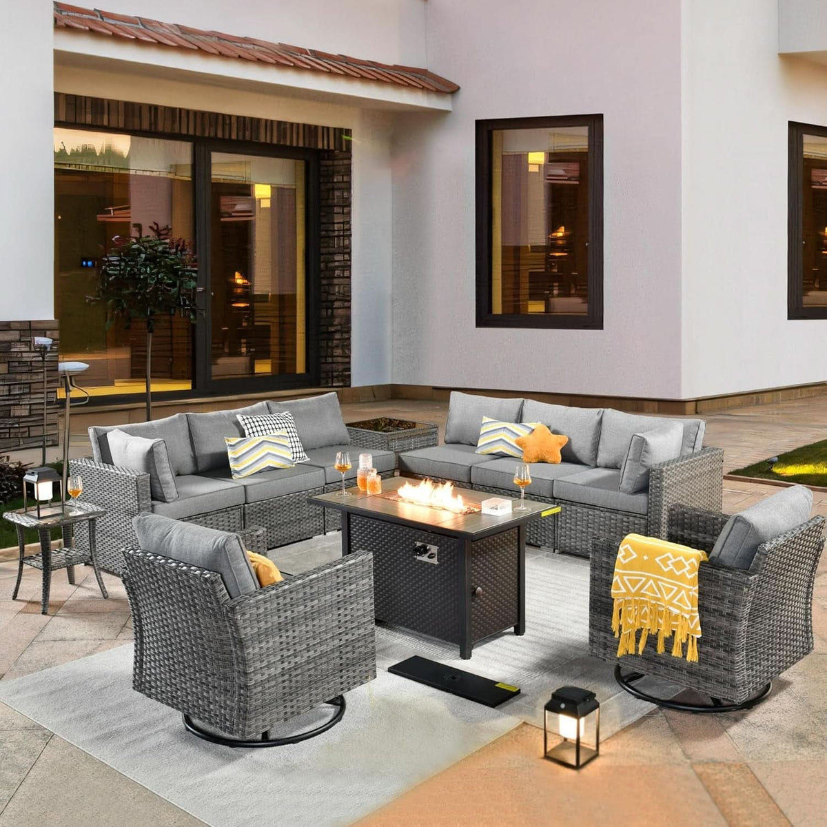 11 Piece Outdoor Patio Furniture Set With Fire Pit Table Dark Grey Wicker Sectional And Swivel Chairs