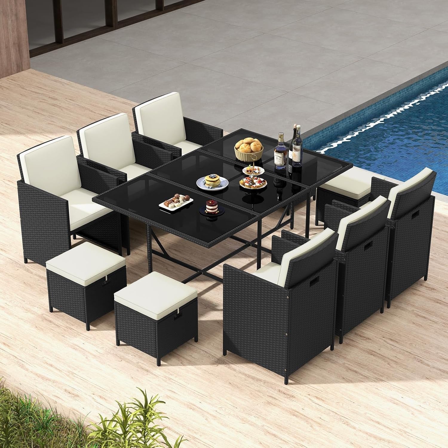 11 Piece Patio Dining Set With Space Saving Wicker Chairs And Tempered Glass Table