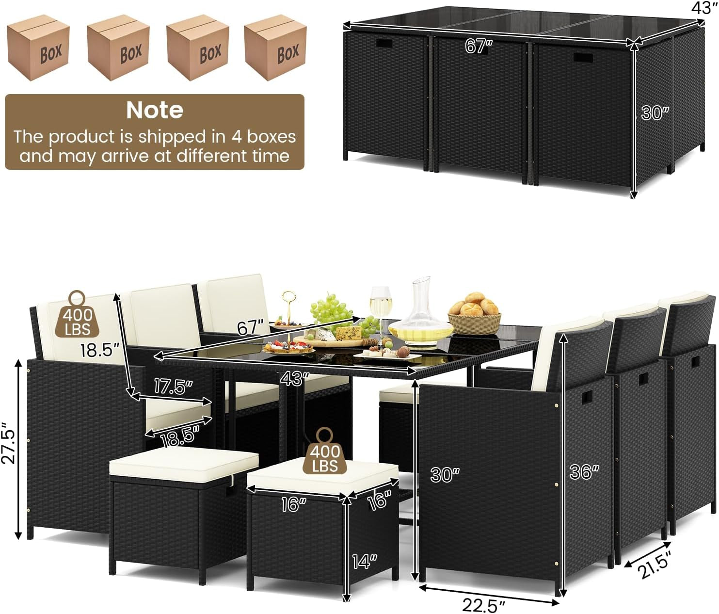 11 Piece Patio Dining Set With Space Saving Wicker Chairs And Tempered Glass Table