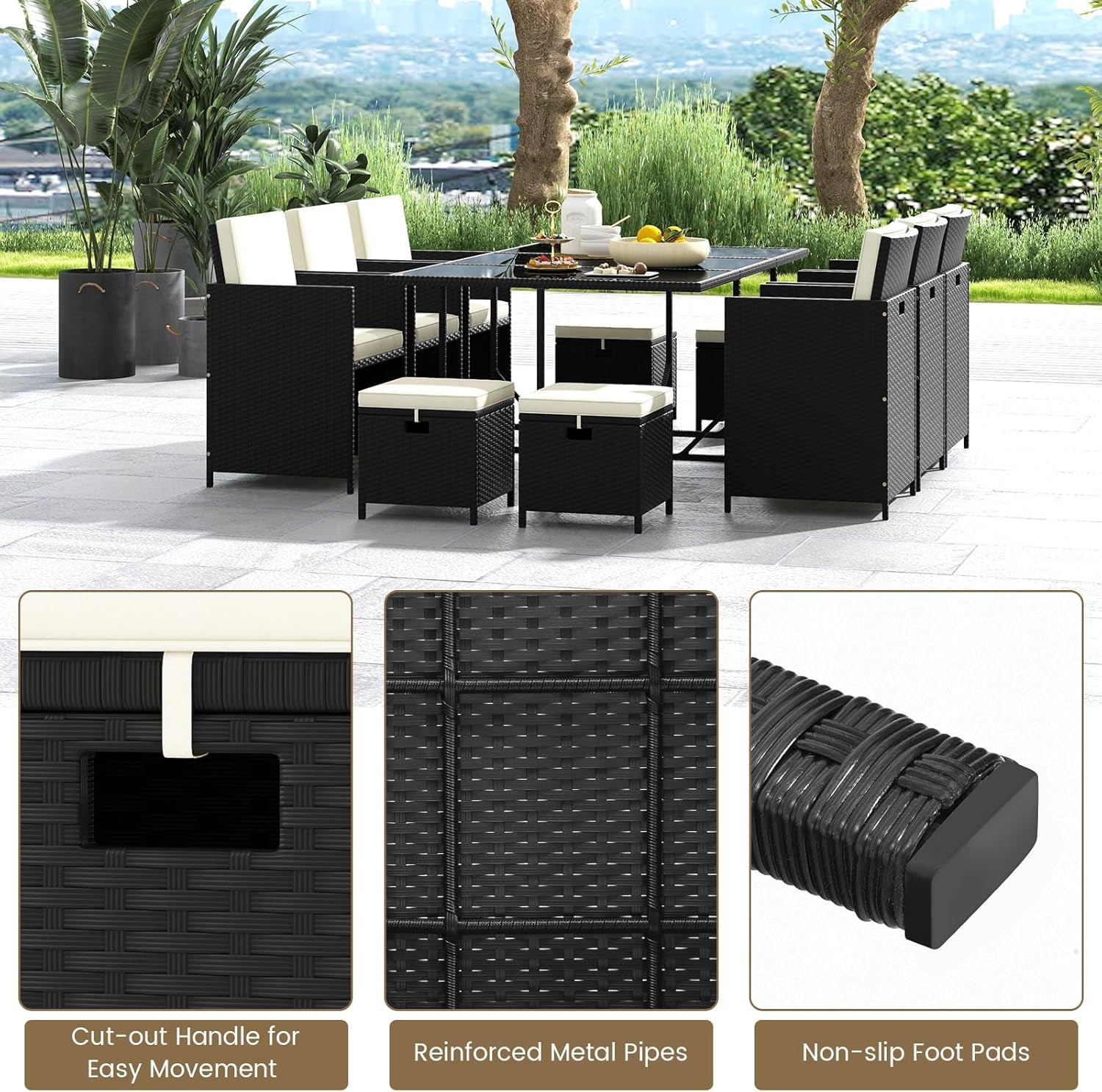 11 Piece Patio Dining Set With Space Saving Wicker Chairs And Tempered Glass Table