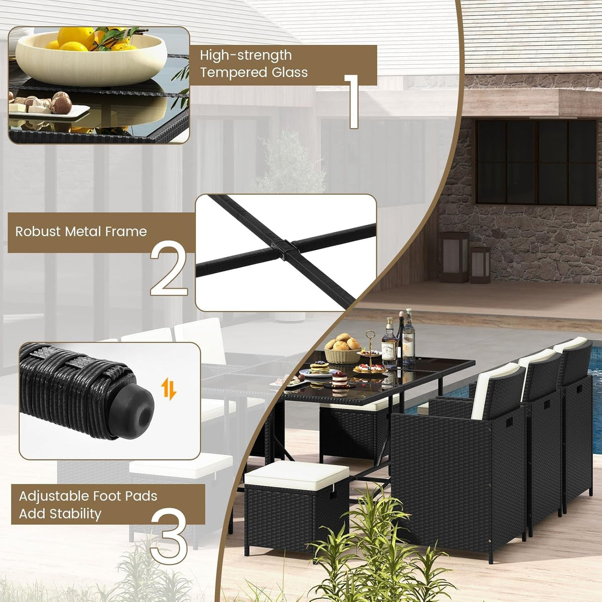 11 Piece Patio Dining Set With Space Saving Wicker Chairs And Tempered Glass Table