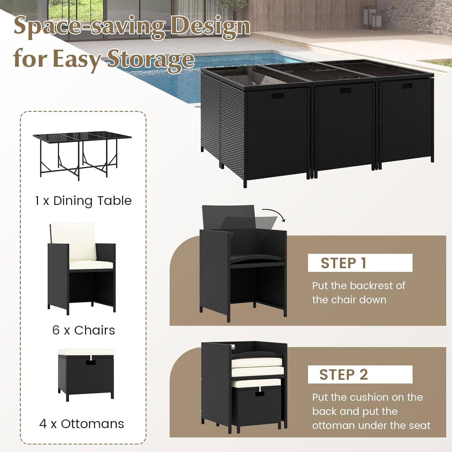 11 Piece Patio Dining Set With Space Saving Wicker Chairs And Tempered Glass Table